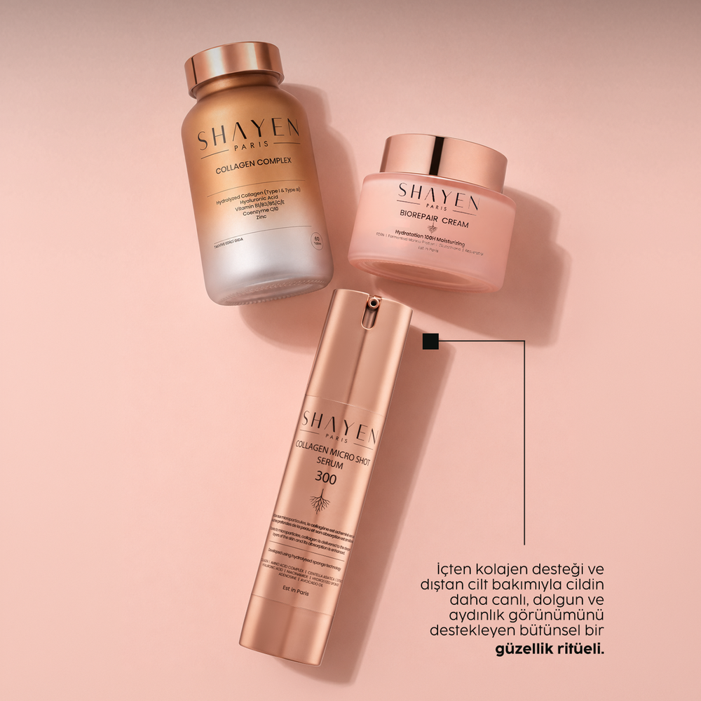 LONGEVITY GLOW RITUAL, İçten Dışa Gıda Takviyesi Destekli Bakım Seti, Collagen Complex Supplement™ 60 Tablet + Biorepair 100H Krem™ + Collagen Micro Shot 300™ Serum - Ceramide - Type I & Type III Kolajen - Ceramide - Resveratrol - E Vitamini