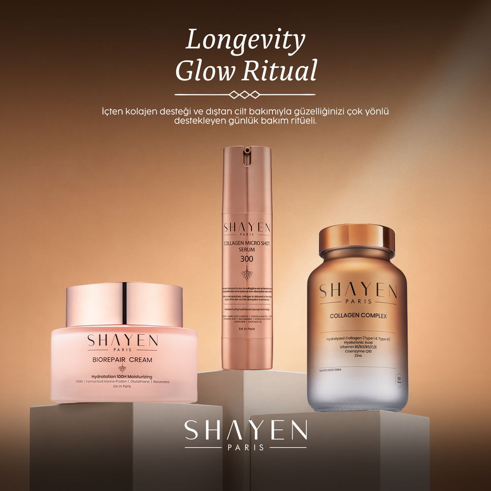 LONGEVITY GLOW RITUAL, İçten Dışa Gıda Takviyesi Destekli Bakım Seti, Collagen Complex Supplement™ 60 Tablet + Biorepair 100H Krem™ + Collagen Micro Shot 300™ Serum - Ceramide - Type I & Type III Kolajen - Ceramide - Resveratrol - E Vitamini