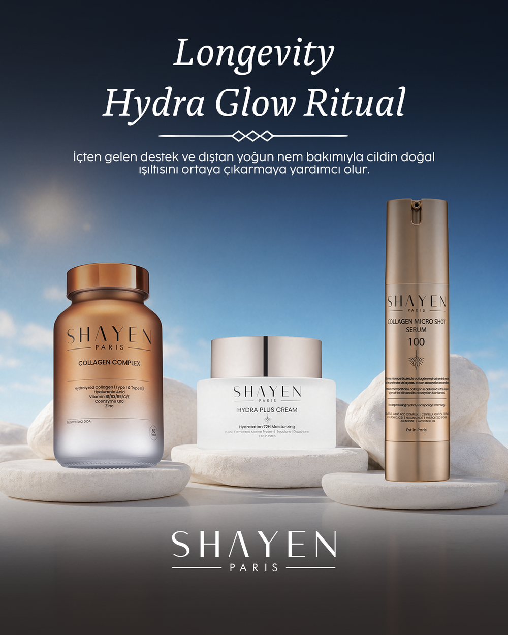 LONGEVITY HYDRA GLOW RITUAL, İçten Dışa Gıda Takviyesi Destekli Başlangıç Bakım Seti, Collagen Complex Supplement™ 60 Tablet