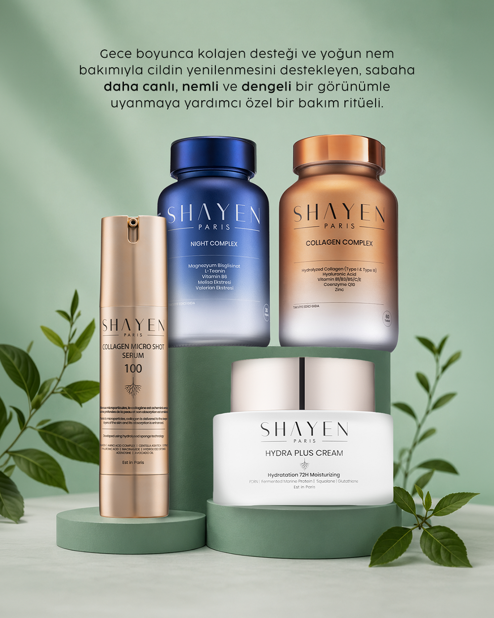 LONGEVITY NIGHT HYDRA RITUAL, Gündüz & Gece İçten-Dışa Günlük Bakım Seti, Collagen Complex Supplement™ 60 Tablet + Night Complex Supplement™ 30 Tablet + Hydraplus 72H Krem™+Collagen Micro Shot 100™