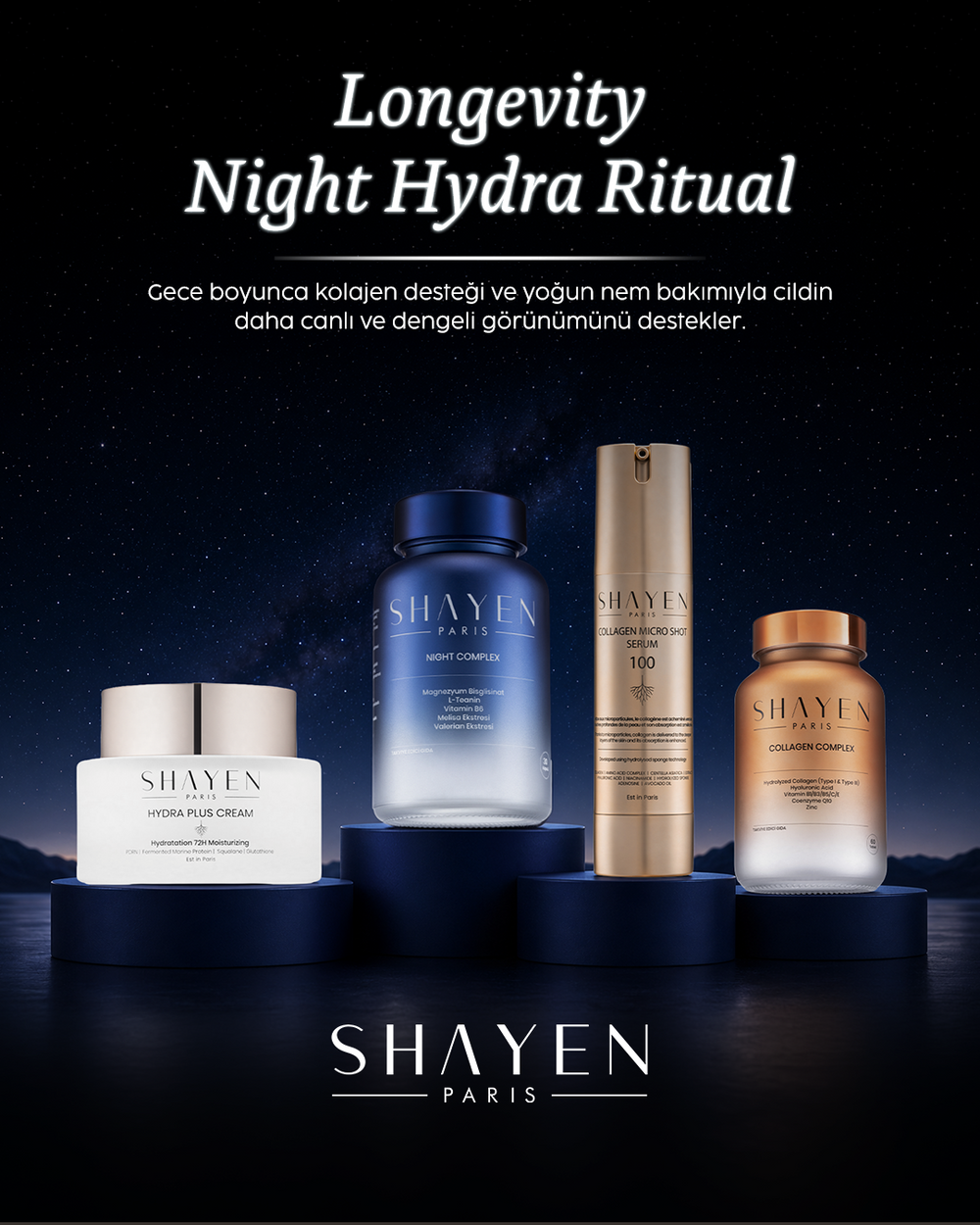 LONGEVITY NIGHT HYDRA RITUAL, Gündüz & Gece İçten-Dışa Günlük Bakım Seti, Collagen Complex Supplement™ 60 Tablet + Night Complex Supplement™ 30 Tablet + Hydraplus 72H Krem™+Collagen Micro Shot 100™