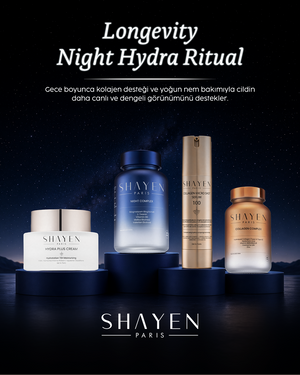 LONGEVITY NIGHT HYDRA RITUAL, Gündüz & Gece İçten-Dışa Günlük Bakım Seti, Collagen Complex Supplement™ 60 Tablet + Night Complex Supplement™ 30 Tablet + Hydraplus 72H Krem™+Collagen Micro Shot 100™