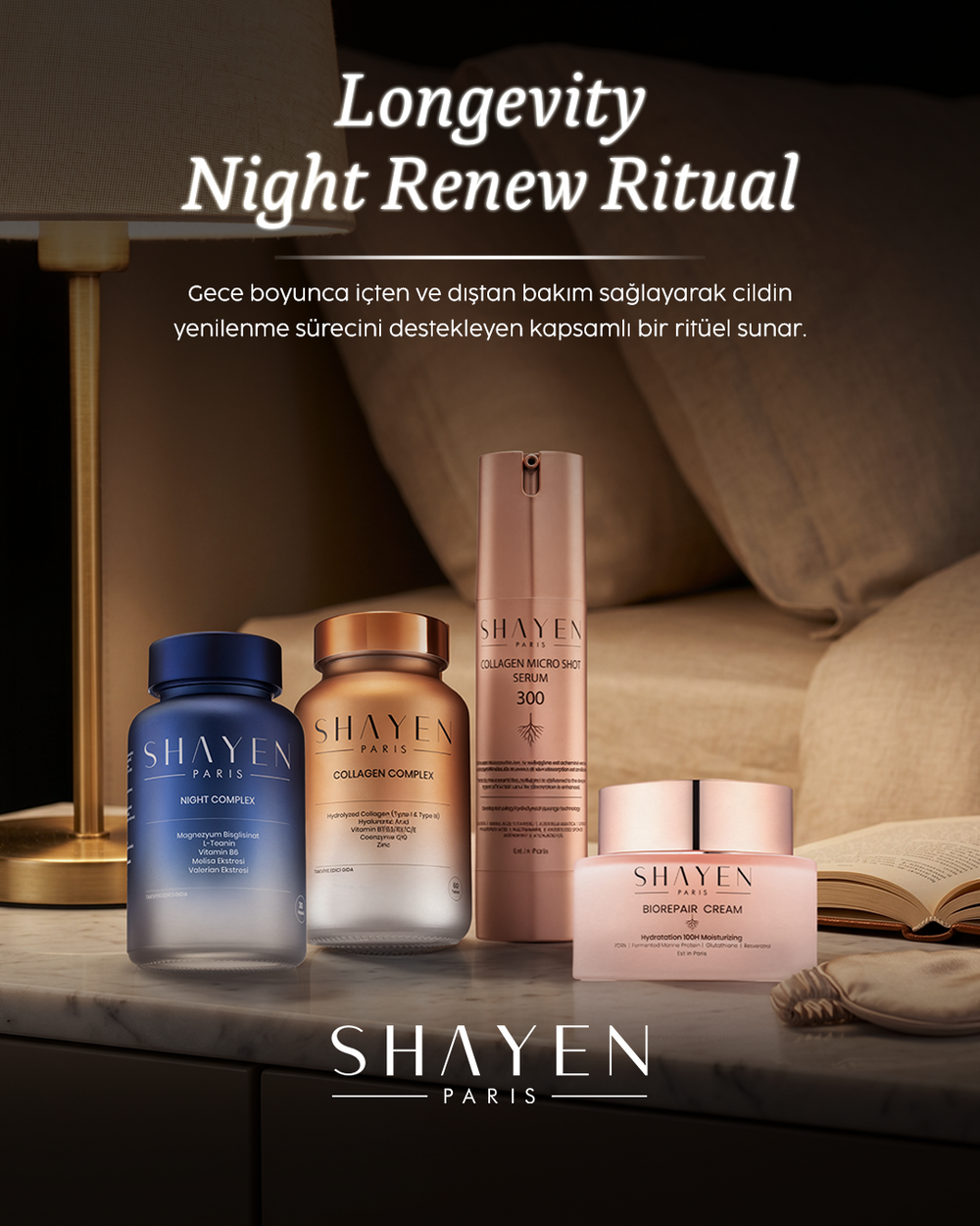 LONGEVITY NIGHT RENEW RITUAL, Gündüz & Gece İçten-Dışa İleri Bakım Seti, Collagen Complex Supplement™ 60 Tablet + Night Complex Supplement™ 30 Tablet + Biorepair 100H Krem™ + Collagen Micro Shot 300™