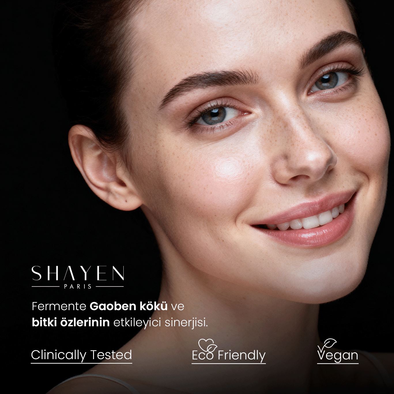Close-up of a woman's face with SHAYEN Paris skincare product, featuring text about product benefits.
